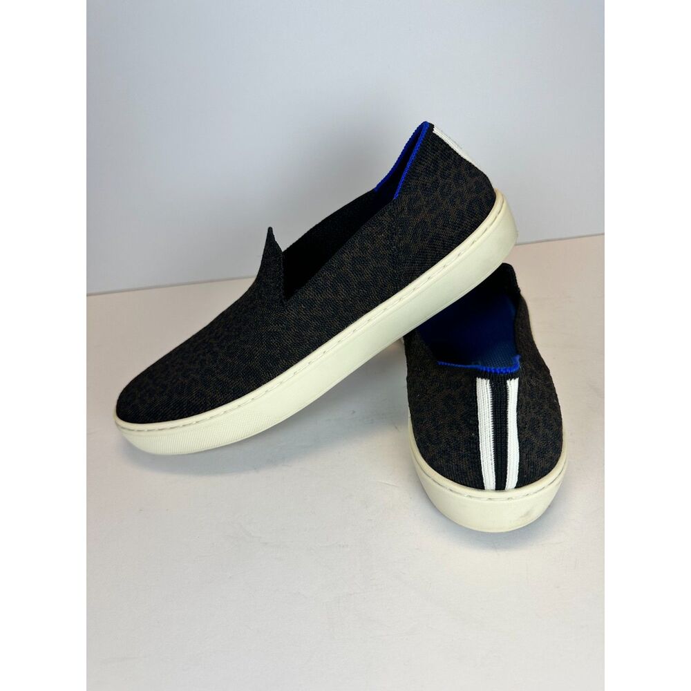 Rothy's Black Slip-On Flats with White Sole and Blue Trim